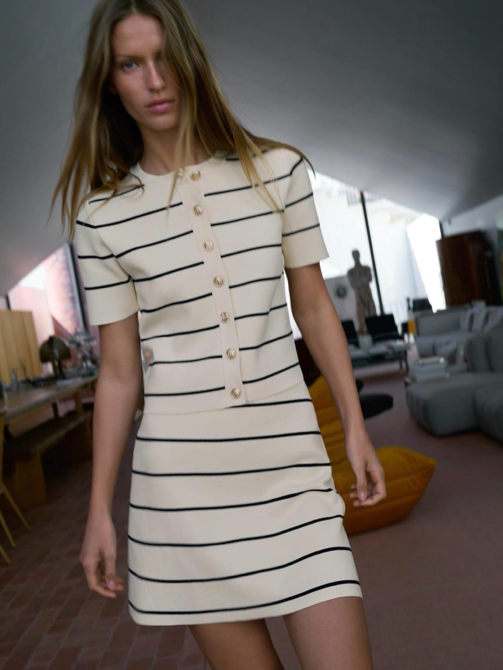 Zara Cream and Black Striped Knit Two-Piece